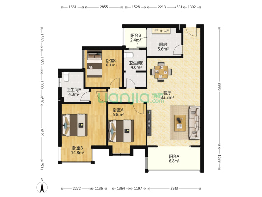 晶宝盛世桃源 3室1厅2卫 111平方