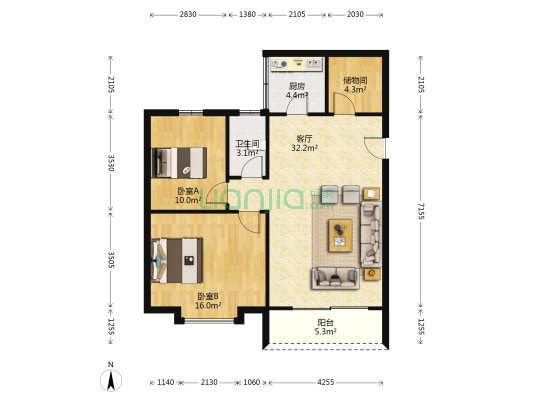 恒丰花园(惠东) 2室1厅1卫 88平方
