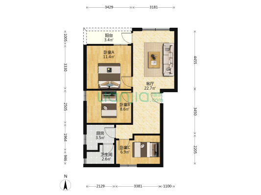庙园二街11号 3室1厅1卫 64平方