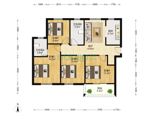 沙湖明珠 4室1厅2卫 125平方