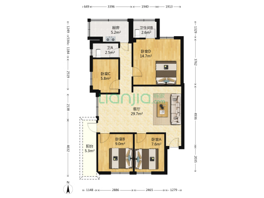 江南花苑 4室1厅2卫 110平方