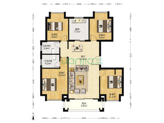 中梁首府 4室1厅2卫 125平方