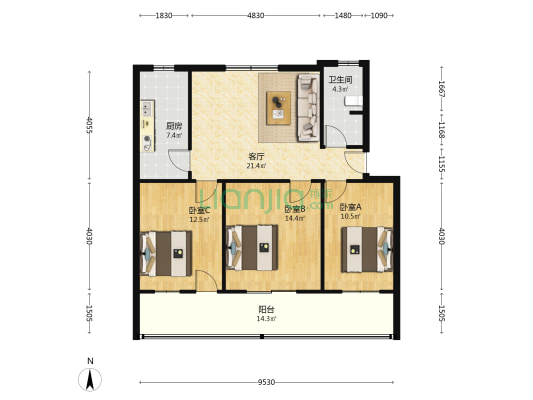 开元集团家属院 3室1厅1卫 96平方