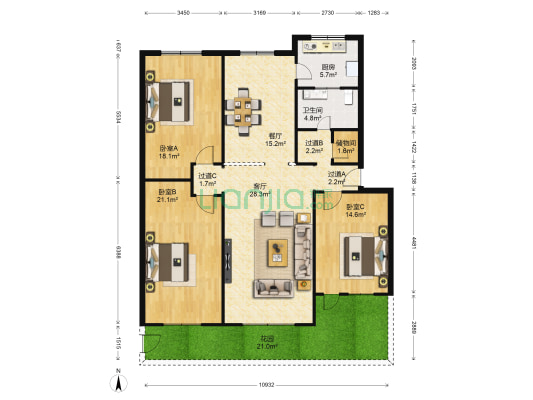 碧园小区 3室2厅1卫 136平方