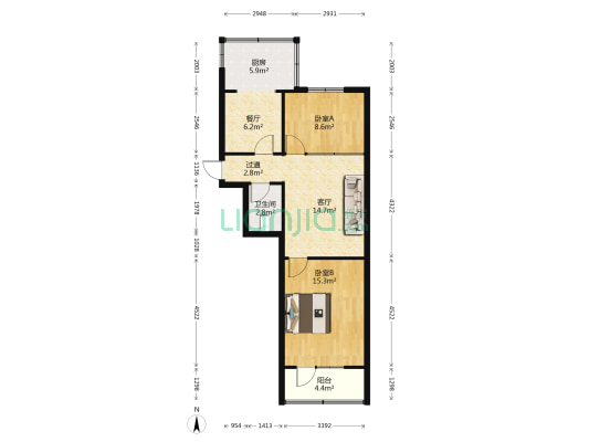 青年路6号院 2室2厅1卫 64平方