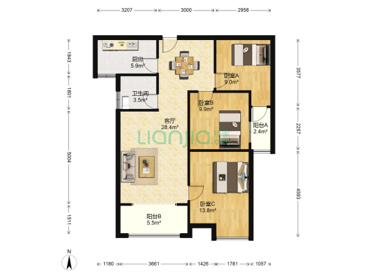 国创青云 3室1厅1卫 92平方