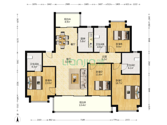 苏宁檀悦南苑 4室1厅3卫 158平方