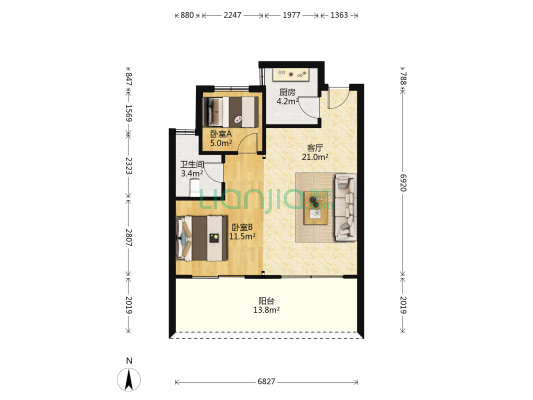 蓝色春江 2室1厅1卫 60平方