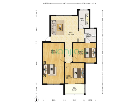 联谊新村 3室1厅1卫 107平方
