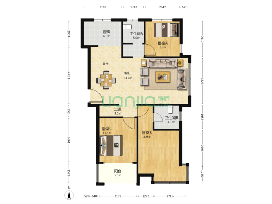 水岸新城 3室1厅2卫 127平方
