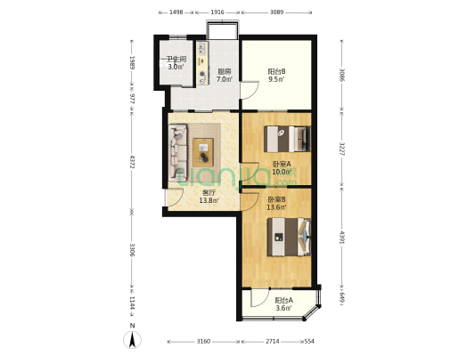 铁路运校宿舍 2室1厅1卫 54平方