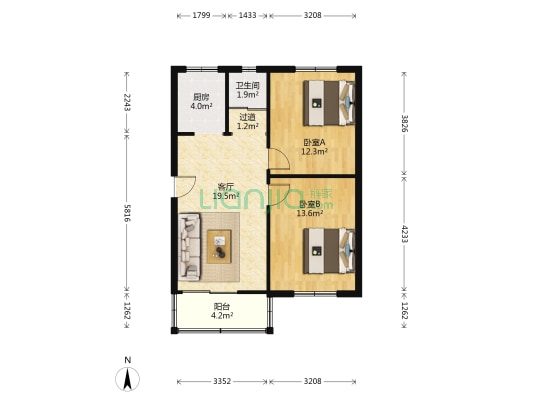 建筑大学职工宿舍 2室1厅1卫 68平方