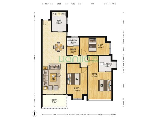 御景华城 3室1厅2卫 117平方