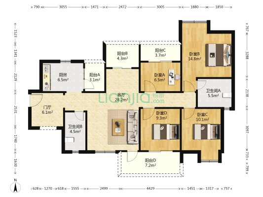 南湖十二橡树 4室1厅2卫 118平方