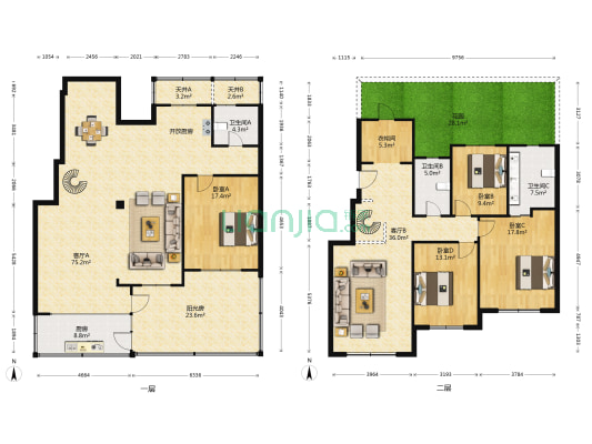 四室三厅两厨两卫  品质装修  80多平院 50平阳光房-户型图