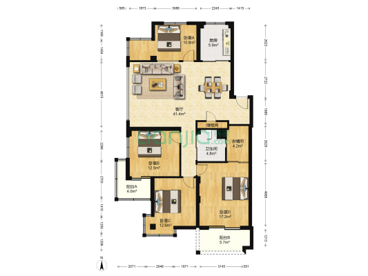 永嘉科技公寓 4室1厅1卫 137平方