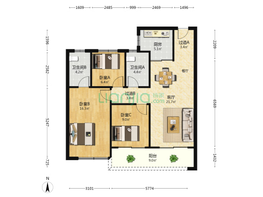 星澜都会花园 3室1厅2卫 108平方