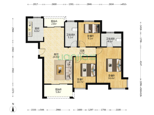 九溪嘉园一区 3室1厅2卫 114平方