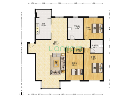 实验园丁苑 3室1厅2卫 161平方