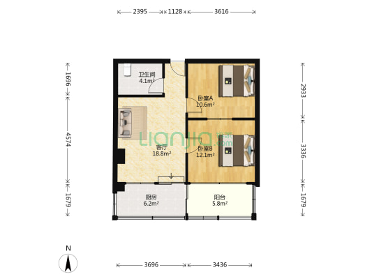 五环大厦 2室1厅1卫 63平方