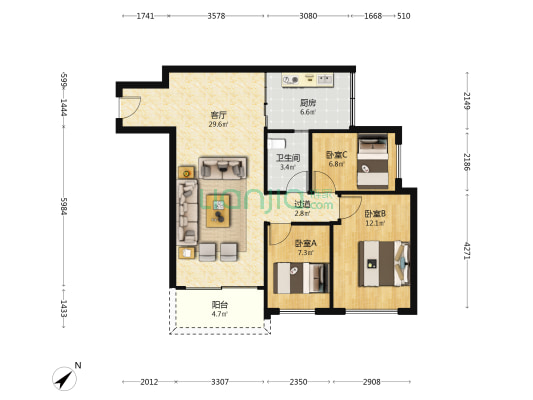 红山6979 3室1厅1卫 92平方