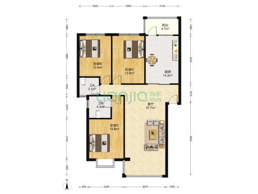 小城故事 3室1厅2卫 129平方