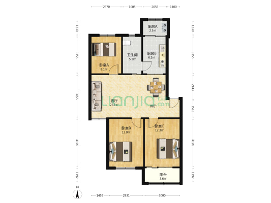 莲花新村 3室1厅1卫 88平方