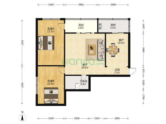 移动宿舍 2室2厅1卫 94平方
