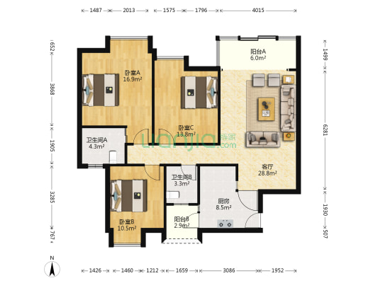 团结小区 3室1厅2卫 105平方