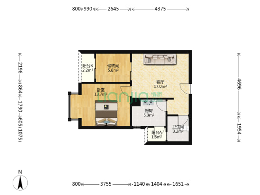 凯莱阳光 1室1厅1卫 55平方