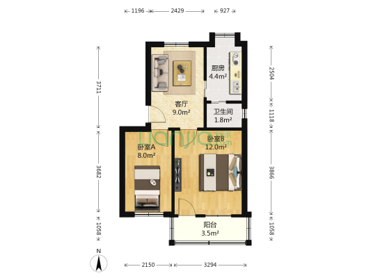 上海路北社区 2室1厅1卫 50平方