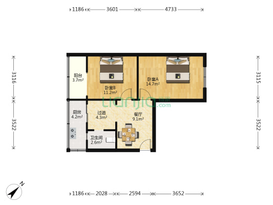 双林路3号 2室1厅1卫 56平方