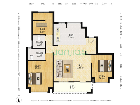德信铂金湾 3室1厅2卫 127平方