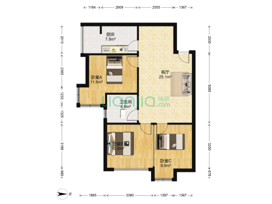 Q城 3室1厅1卫 77平方