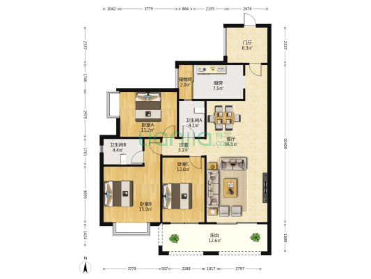 传媒星城B区 3室1厅2卫 131平方