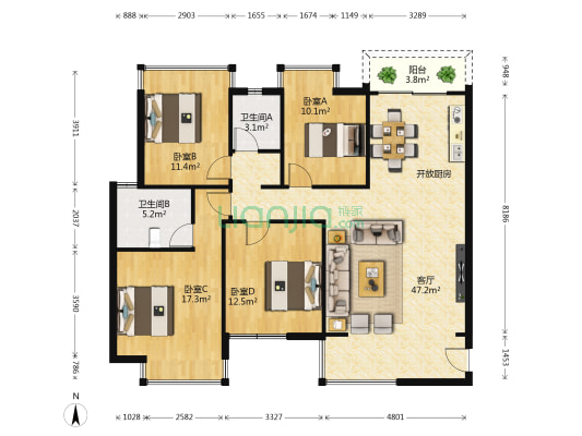 中房翡翠时光 4室1厅2卫 126平方