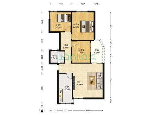 沿河东路住宅 3室1厅1卫 90平方
