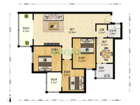 电信路1号 3室2厅1卫 100平方