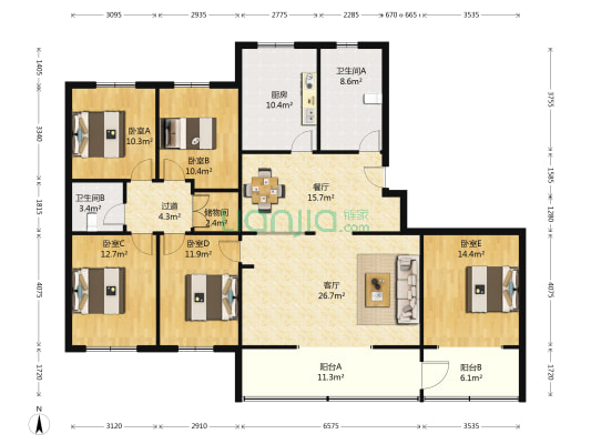 河北银行小区 5室2厅2卫 173平方