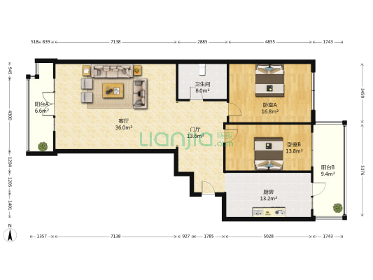 幸福路 2室1厅1卫 138平方