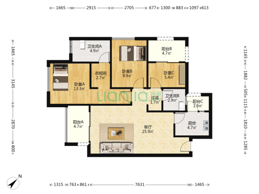 凤凰盛景 3室1厅2卫 99平方