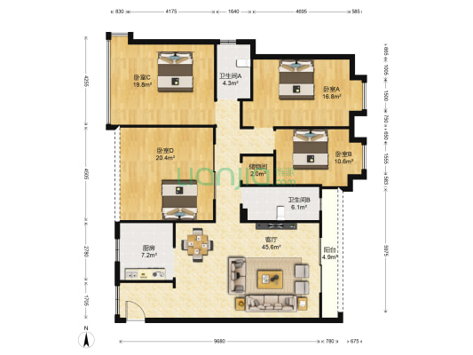 广基自由星城 4室1厅2卫 145平方