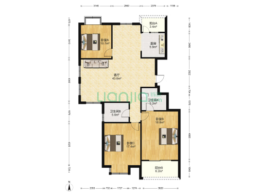 西城花苑 3室1厅2卫 143平方