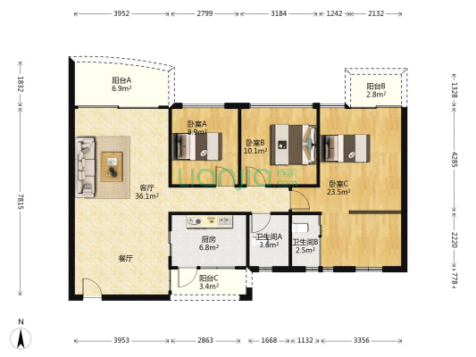 庄士新都 3室1厅2卫 127平方