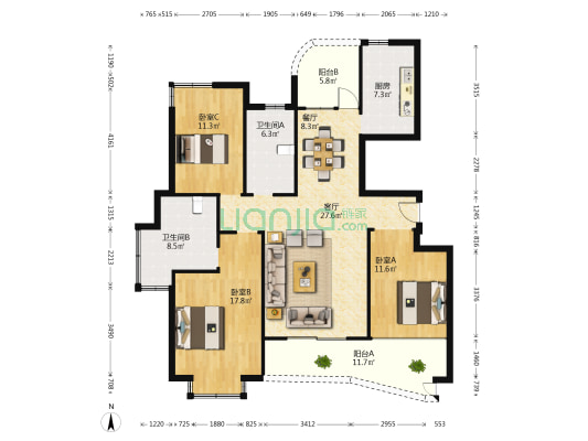 金色城品 3室2厅2卫 128平方
