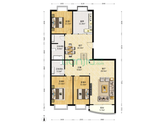 逍遥居 3室2厅2卫 185平方