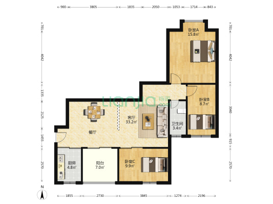 华盈阁 3室1厅1卫 104平方