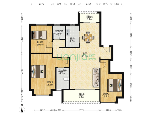 融创红城投赣江府 3室1厅2卫 120平方