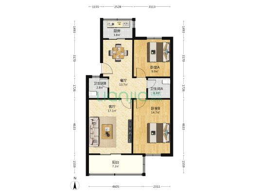 金花南小区 2室2厅2卫 90平方