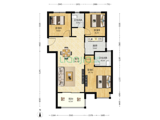 保利洪源泰府 3室1厅2卫 108平方